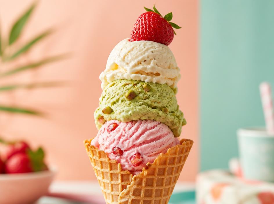 Buntes Eis in Waffelhörnchen